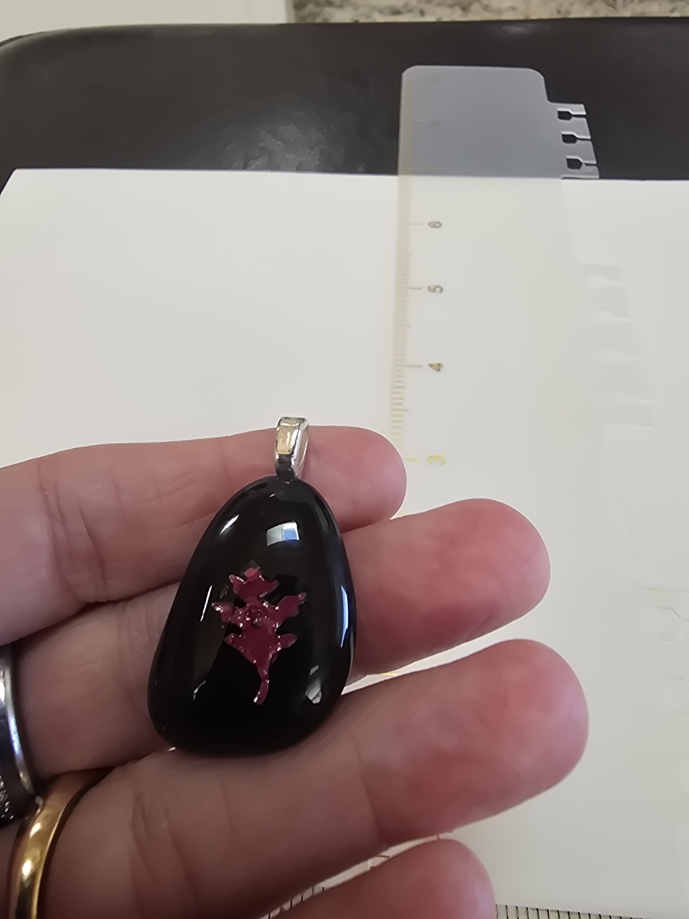 Handmade Black Glass Pendant with Purple Leaf Inlay - Women Jewelry